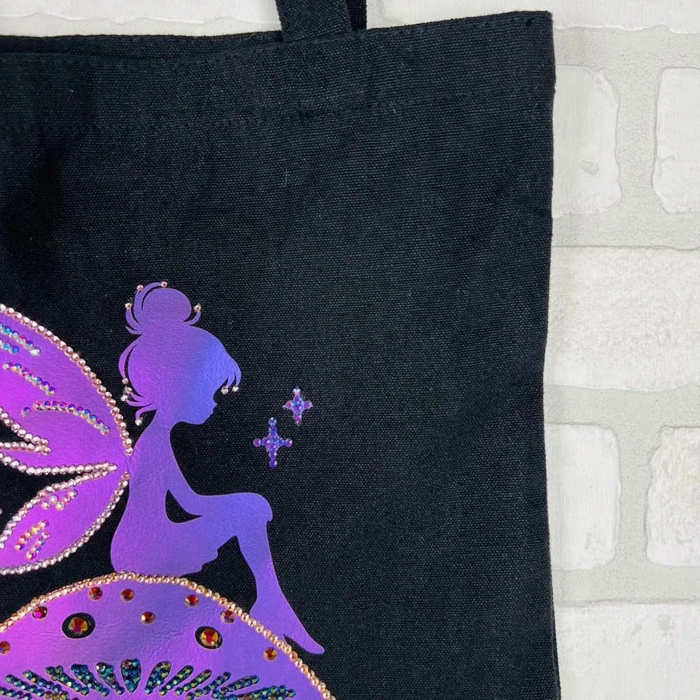 Black Fairy Mushroom Rhinestone Iridescent Canvas Tote Kids Bookbag 12 x 14.5